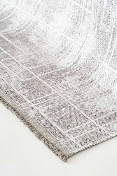 Oriente Home Çizgi Desenli Yıkanabilir Kaymaz Taban Şönil Gri Beyaz Mutfak Halısı 8369
