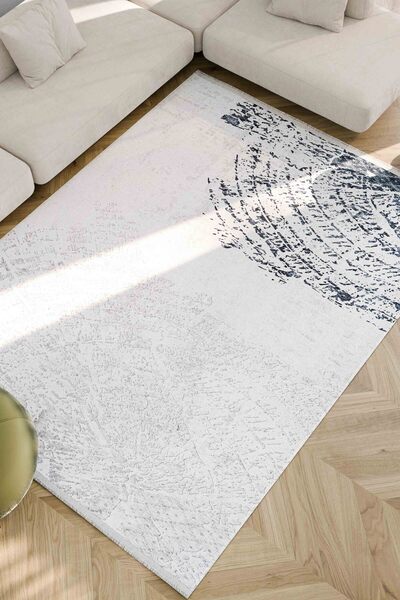 Oriente Home Modern Patterned Washable Non-Slip Base Chenille Gray Navy Blue Living Room Carpet 8328