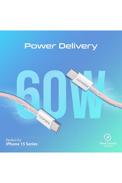Promate EcoLine-CC120 Ultra-Fast 60W Power Delivery USB-C Cable - 1.2 m - Pink