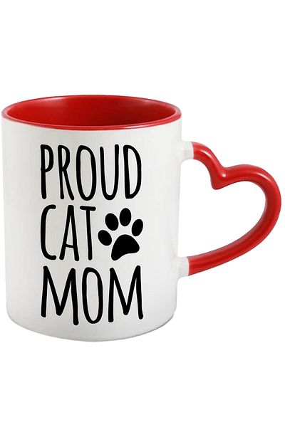 StoryGift Romania Mug with paw and the text "Proud cat mom" - proud cat mom with Heart Handle, With, STG