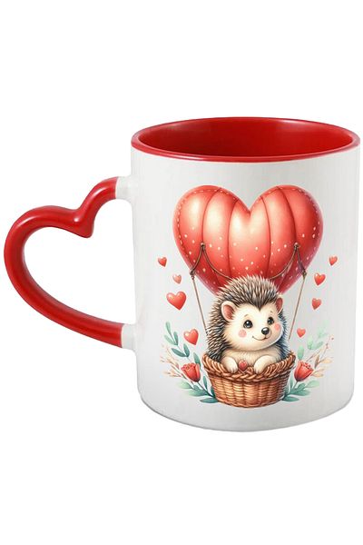 StoryGift Romania Mug with a little hedgehog riding a hot air balloon, illustration, hearts, With ,STG