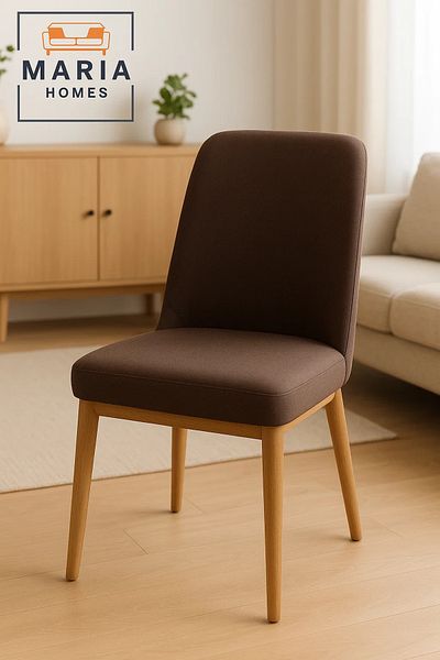 MARIA HOMES Brown Fabric Dining Chair – Upholstered Padded Seat with Wooden Legs for Home, Office, or Café