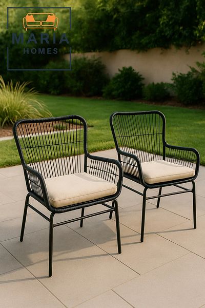 MARIA HOMES Black Rattan Lounge Chair with Soft Beige Cushion – Indoor Outdoor Seating with Metal Frame Design