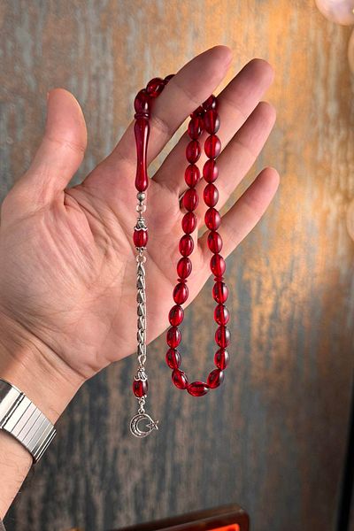 dergah tesbih Moon Star Amber Prayer Beads - Embroidered Design