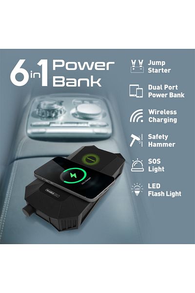 Promate HexaBolt-20 Power Bank and Car Battery 1500A/12V with 19200mAh Capacity - Black