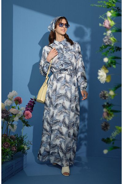 Fatma Atasoy Animal Pattern Flounce Chiffon Blue Dress