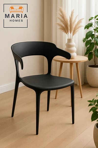 MARIA HOMES Modern Black Plastic Chair – Ergonomic One-Piece Design for Dining, Office, Café & Outdoor Use