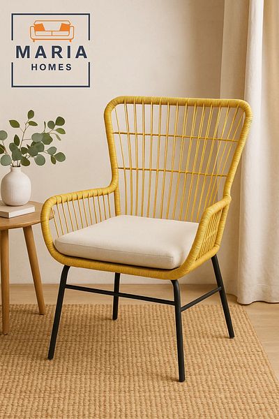 MARIA HOMES Modern Rattan Woven Chair with Beige Cushion – Indoor Outdoor Lounge Seating with Metal Legs