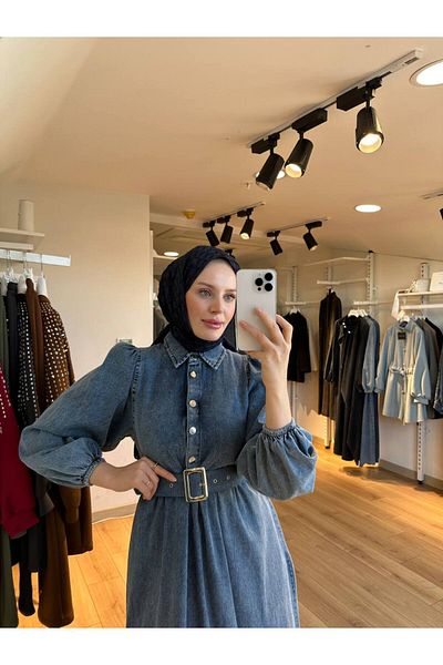 OlaLady Rochie de damă cu cataramă prințesă cu mâneci test denim blugi
