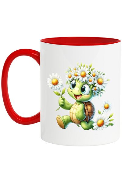 StoryGift Romania Mug with a happy turtle, illustration, white flowers, plants, nature, With,STG