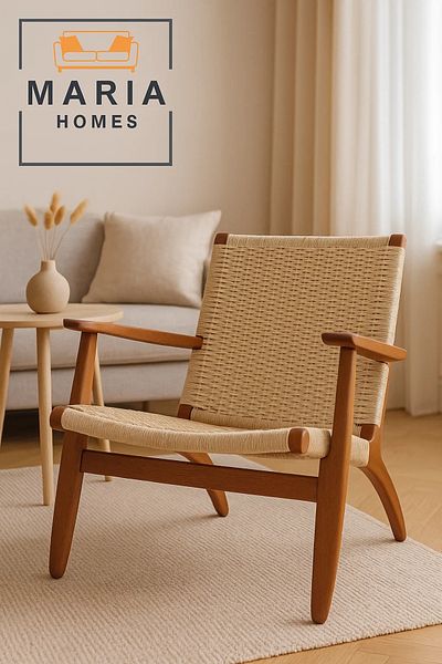 MARIA HOMES Mid-Century Rope Woven Lounge Chair with Wooden Frame – Comfortable Armchair for Indoor Use