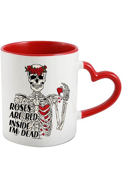 StoryGift Romania Mug with a skeleton with the message "Roses are red,/ Inside I'm dead", roses, red, With ,STG