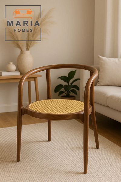 MARIA HOMES Round Back Walnut Cane Chair – Elegant Curved Wood Frame Armchair with Woven Rattan Seat