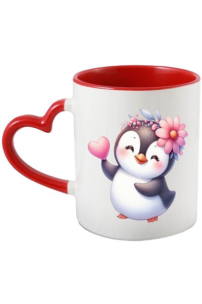 StoryGift Romania Mug with a happy penguin, illustration, heart, flower, affection, gift, Val, With, STG