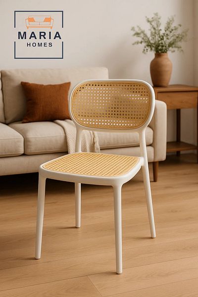 MARIA HOMES Stylish Rattan Back & Seat Chair – White Frame Modern Dining Chair for Home, Café, or Patio