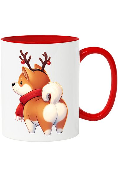 StoryGift Romania Mug with an Akita Inu puppy that has reindeer antlers | illustration | companion animal, With ,STG