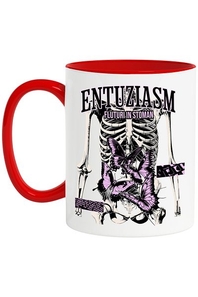 StoryGift Romania Enthusiasm Mug - Butterflies in the Stomach, Skeleton, 330ml, Ceramic with Red Handle, With R Handle, STG
