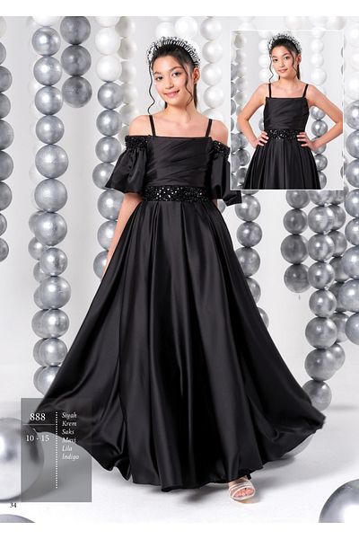 Erkut Girl's Satin Fabric Sleeve Detailed Black Color Long Evening Dress