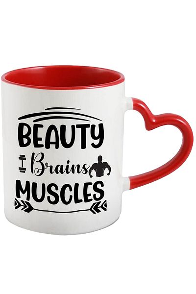 StoryGift Romania Mug with the text "Beauty, brains, muscles" - beauty brain muscles with Heart Handle, With ,STG