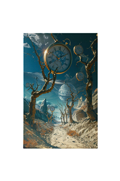 StoryGift Romania Tablou Canvas: Copaci Uscați, Ceasuri Vechi De Mână Și Galaxie Deșertică Cu Cer Albastru- Peis
