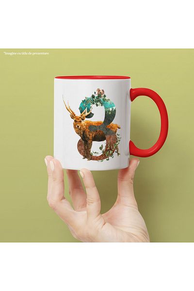 StoryGift Romania Mug With Number, 3, Deer, Squirrel, Plants, Multicolor 330 ml, Ceramic with R Handle, With ,STG