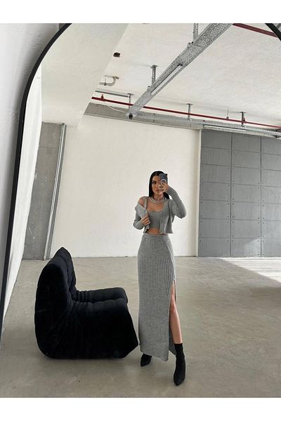 NZL TEKSTİL Dgn's London Button Detailed Slit Skirt-Cardigan-Blouse 3 Piece Set