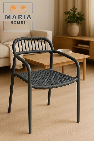 MARIA HOMES Grey Woven Plastic Chair with Armrests – Modern Indoor Outdoor Rattan-Style Stackable Patio Seating