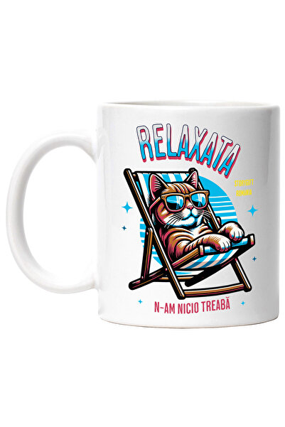 StoryGift Romania Cana Pisica cu ochelari de soare relaxata pe sezlong, 330ml...