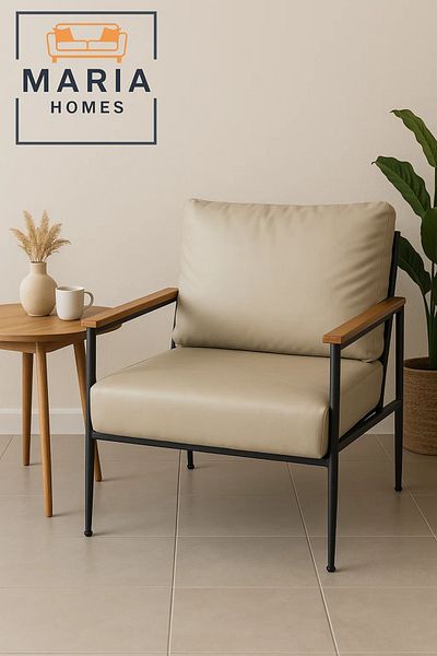 MARIA HOMES Beige Faux Leather Armchair – Modern Lounge Chair with Black Metal Frame and Wooden Armrests