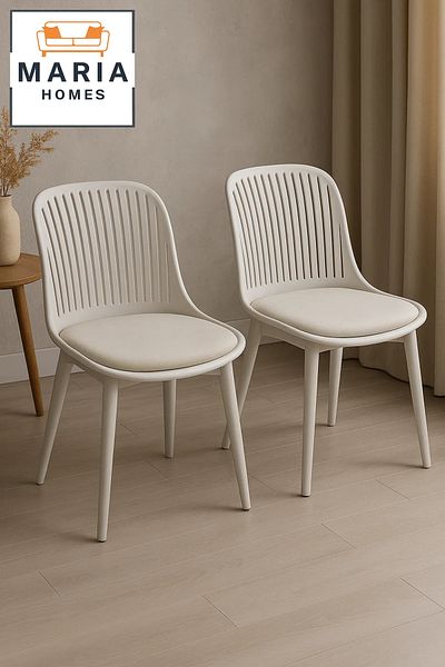 MARIA HOMES Modern White Plastic Chair with Vertical Cutout Back and Cream Seat Cushion