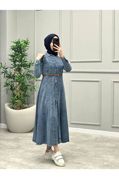 OlaLady Rochie de blugi hidžáb din denim, cu cusături lungi, cu centură din piele