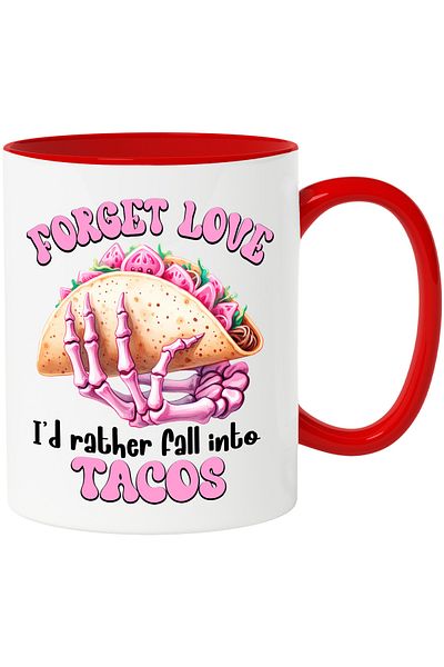 StoryGift Romania Mug with a skeleton hand holding a taco with the message "Forget love, I'd rather , With ,STG
