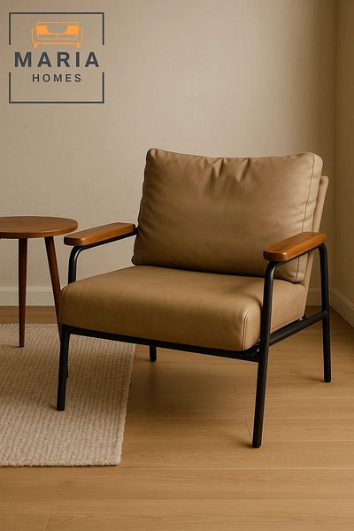 MARIA HOMES Beige Faux Leather Lounge Chair – Wooden Armrests & Metal Frame for Modern Living Room or Office