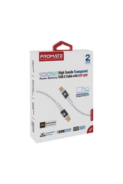 Promate LucidLine-CC200 Type-C toType-C Data Transfer Cable - 100W - 2m - White