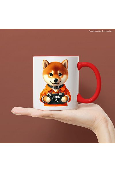 StoryGift Romania Mug with a Shiba Inu puppy in prison, illustration, collar, prisoner uniform,, With ,STG