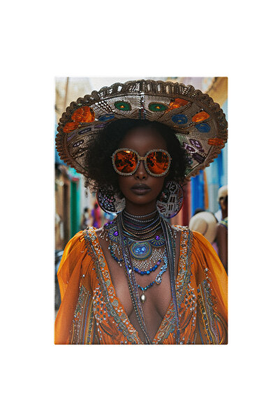 StoryGift Romania Tablou Canvas Turista Cu Bijuterii Rochie Vaporoasă Portocalie Și Ochelari Maxi Cu Pietricele ,