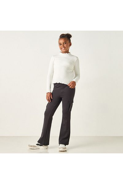 Juniors Ribbed Turtle Neck T-Shirt With Long Sleeves With Lettuce Hem