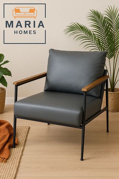 MARIA HOMES Dark Grey Faux Leather Armchair – Modern Accent Chair with Wood Armrests and Black Steel Frame