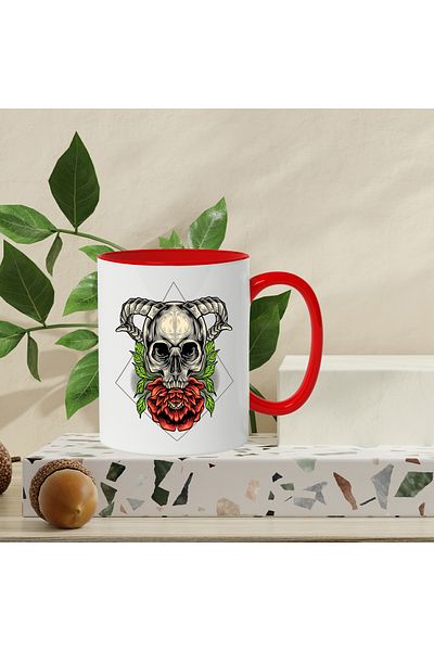 StoryGift Romania Mug With Flower, Leaves, Skull, Horns, Diamond, Geometric, Multicolor 330 ml, C, Cu,STG