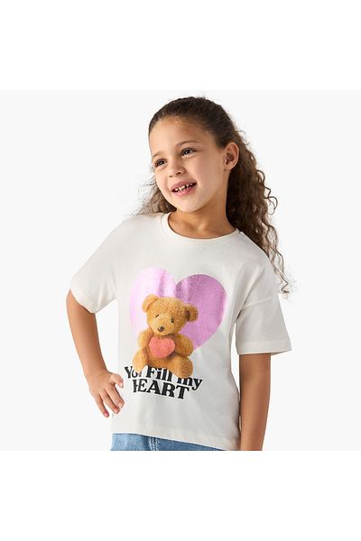Juniors Bear Print T-Shirt With Crew Neck And Short Sleeves