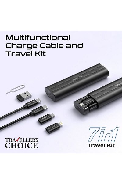 Promate Compact All in 1 Charging Cable and Travel Kit - Black