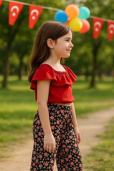 Hilal Akıncı Kids Girl's Colorful Blouse Floral Patterned Trousers 2-Piece Set