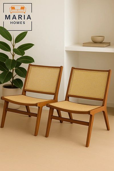 MARIA HOMES Classic Wooden Lounge Chair with Handwoven Rattan Seat and Backrest – Vintage Boho Accent Seating