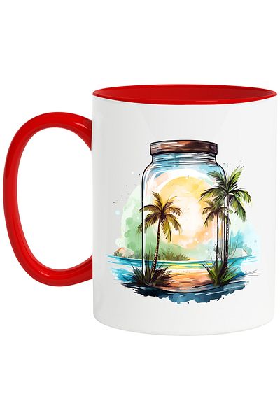 StoryGift Romania Mug with a jar, illustration, beach, island, water, sea, vacation, relaxation, lini, With ,STG