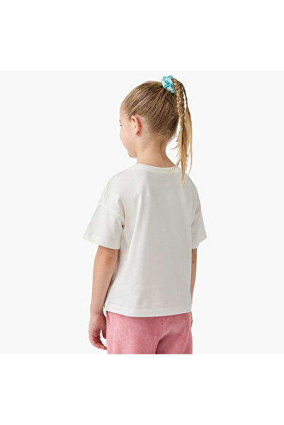 Juniors Kitten Print Crew Neck T-Shirt With Bow Accent