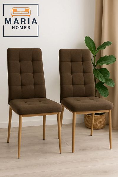 MARIA HOMES High Back Brown Fabric Dining Chair – Padded Upholstery with Wood Legs for Home or Restaurant Use