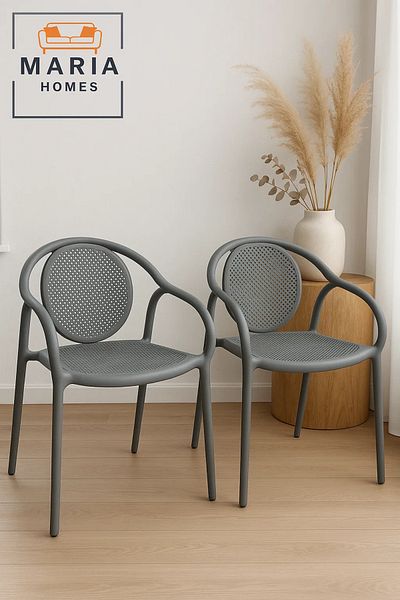 MARIA HOMES Grey Metal Mesh Chair with Armrest – Stylish Indoor Outdoor Seating Solution