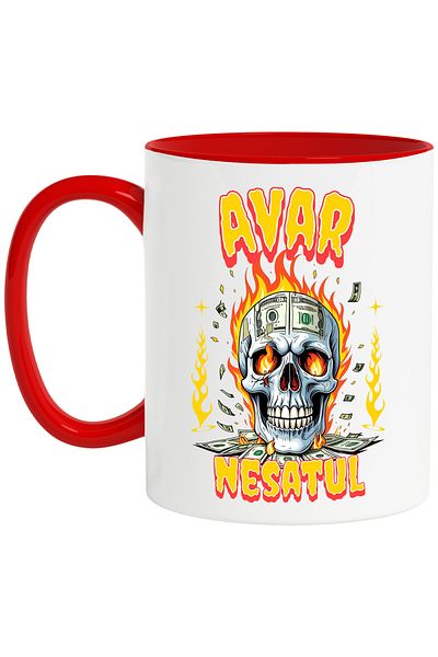 StoryGift Romania Mug Skull man in flames with banknotes greedy greedy, 330ml, Ceramic with Red Handle, With,STG