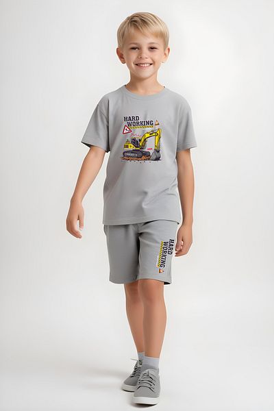 FYK KİDS Children's Tshirt-Shorts Hard Working Printed Bottom Set