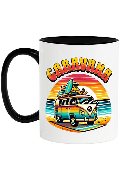 StoryGift Romania Caravan Mug Relaxing Man on the Beach Sunset, 330ml, Ceramic with Handle, With, STG